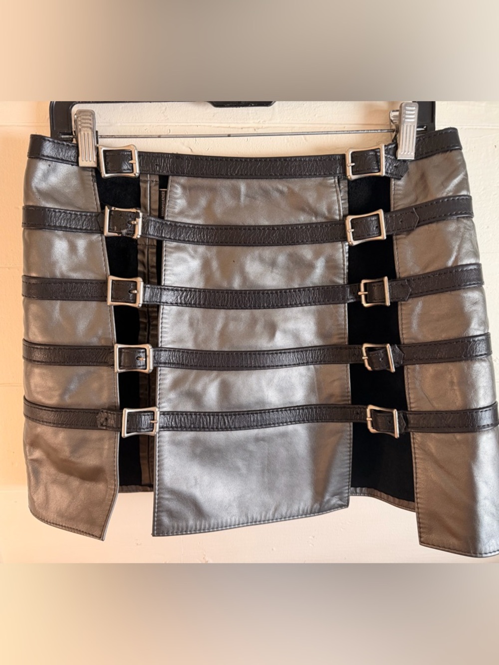 Dark Garden Strappy Buckled Leather Mini Skirt - Black and Silver